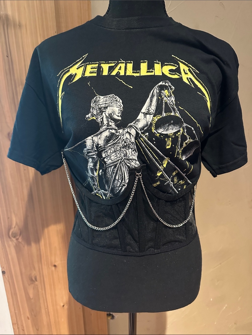 Rare OOAk  Metallica Graphic Short Sleeve Tee with Corset & Chain Detail -